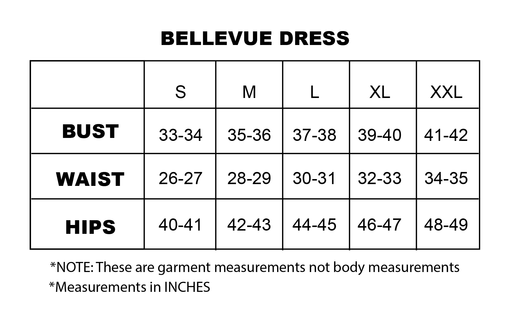 Product size chartBELLEVUE DRESS