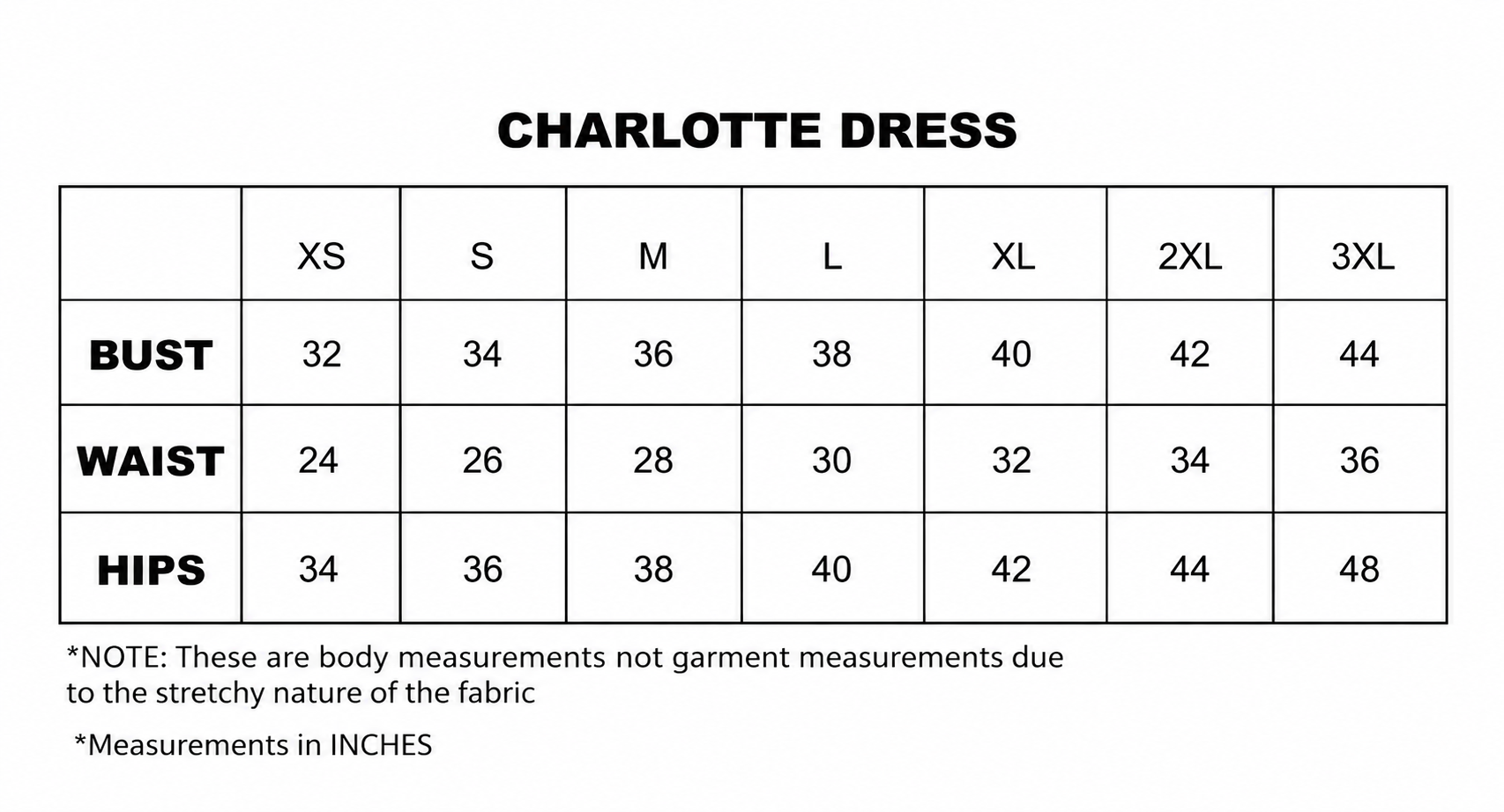 Product size chartCHARLOTTE