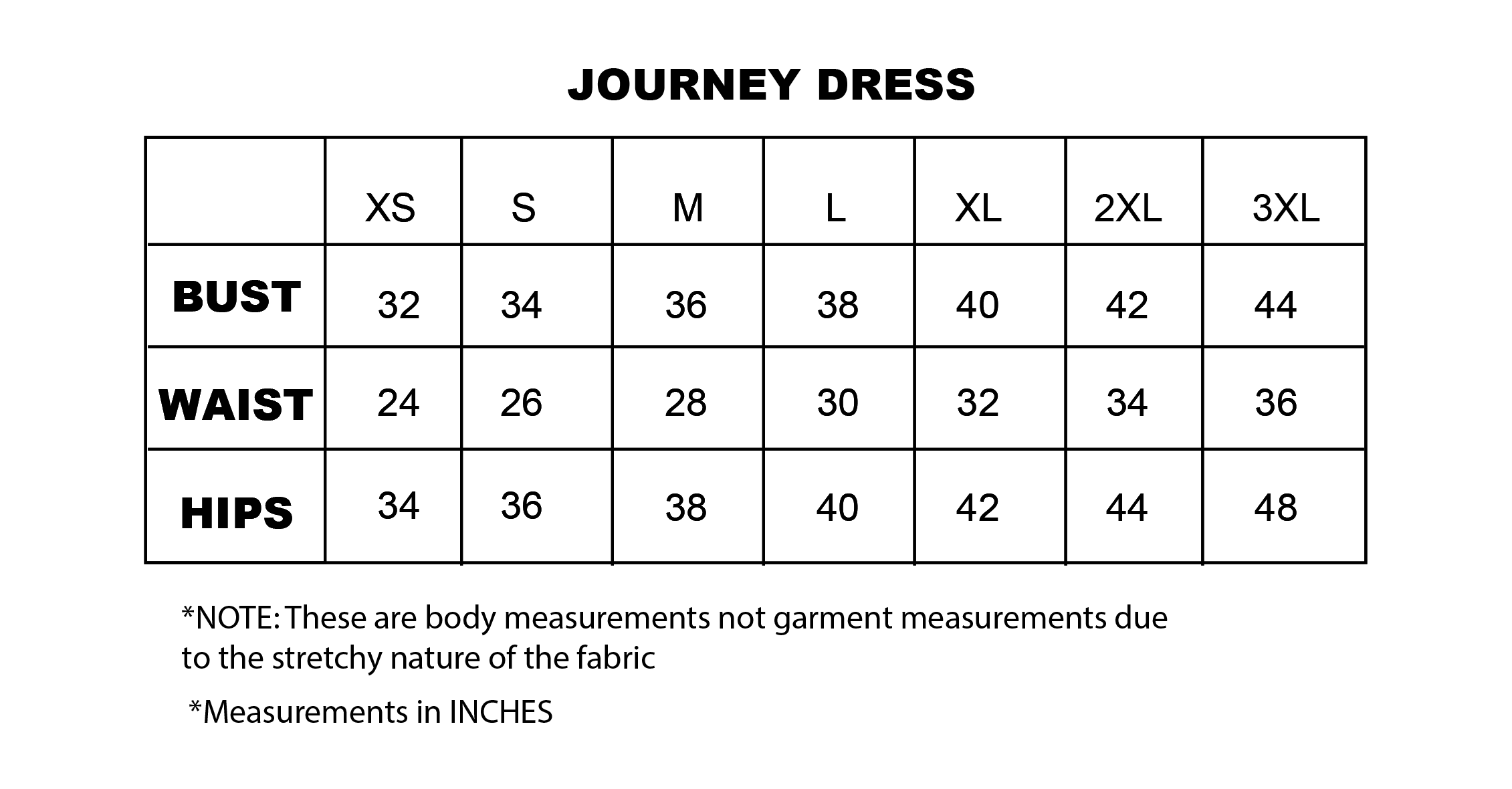 Product size chartJOURNEY DRESS