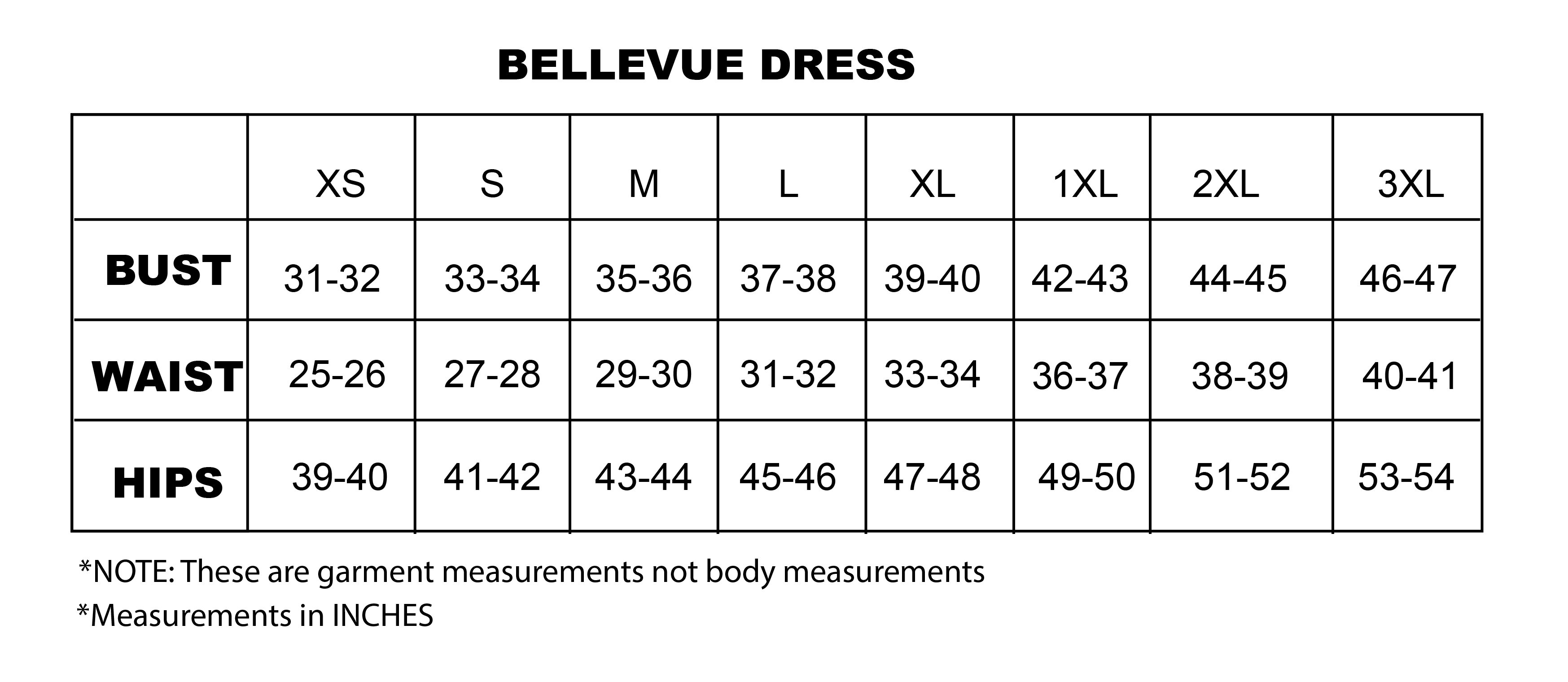 Product size chartBELLEVUE DRESS RED